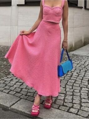 Zara Tweed Midi Skirt | Pink | Large